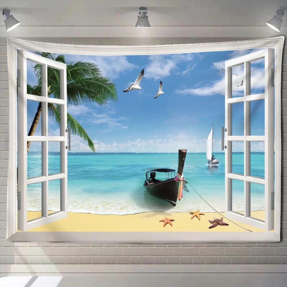 Natural ecological beach landscape imitation window art tapestry background wall room aesthetic living room home decoration