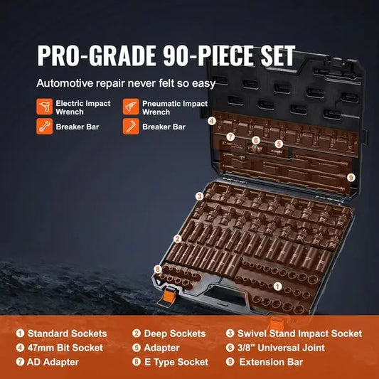 Vevor 90-Piece Impact Socket Set SAE And Metric 6-Point Cr-Mo