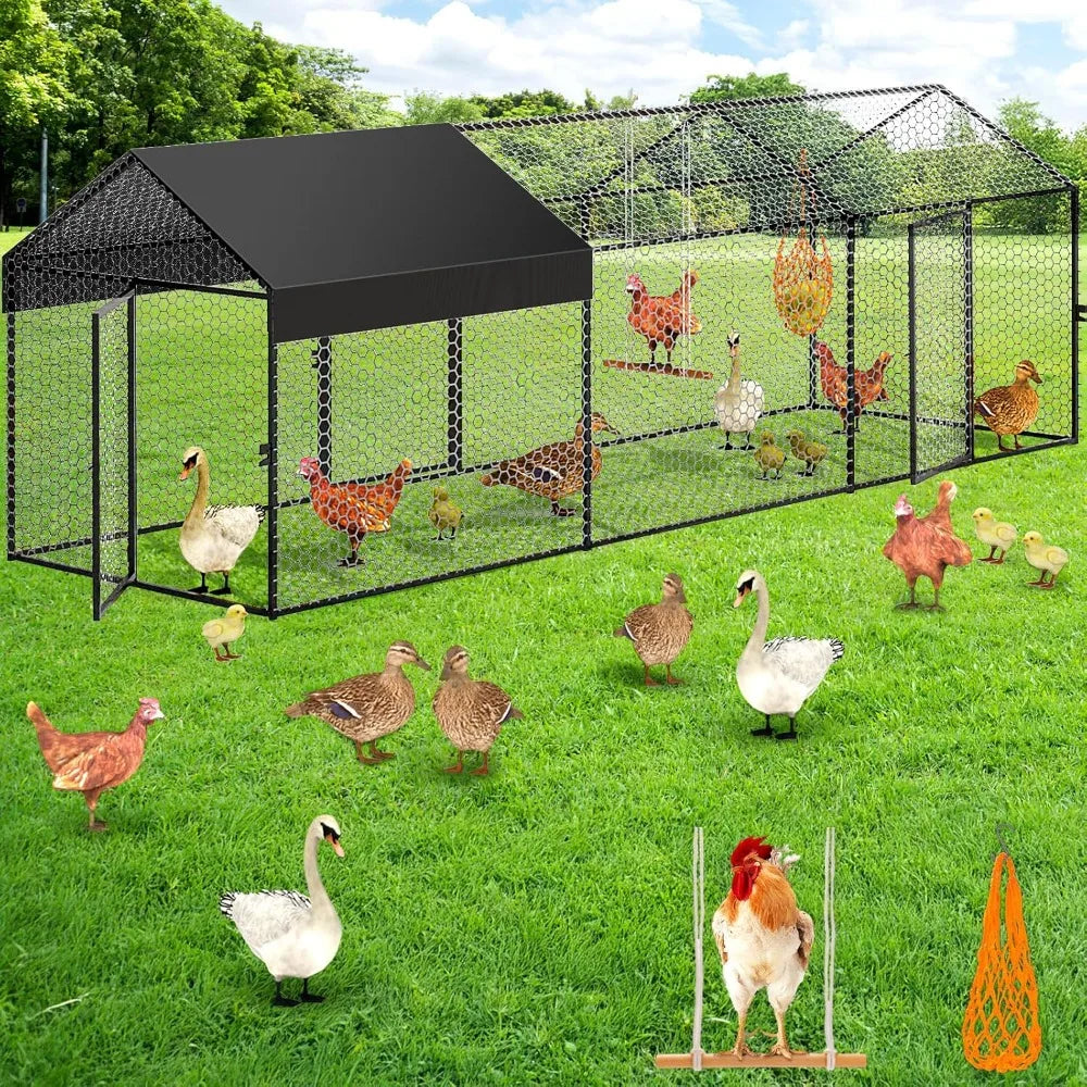Garden Furniture  Large Metal Chicken Coop Chicken Run with Cover for 10-12 Chickens 120"×40"×40" 、Cage Hen House Outdoor