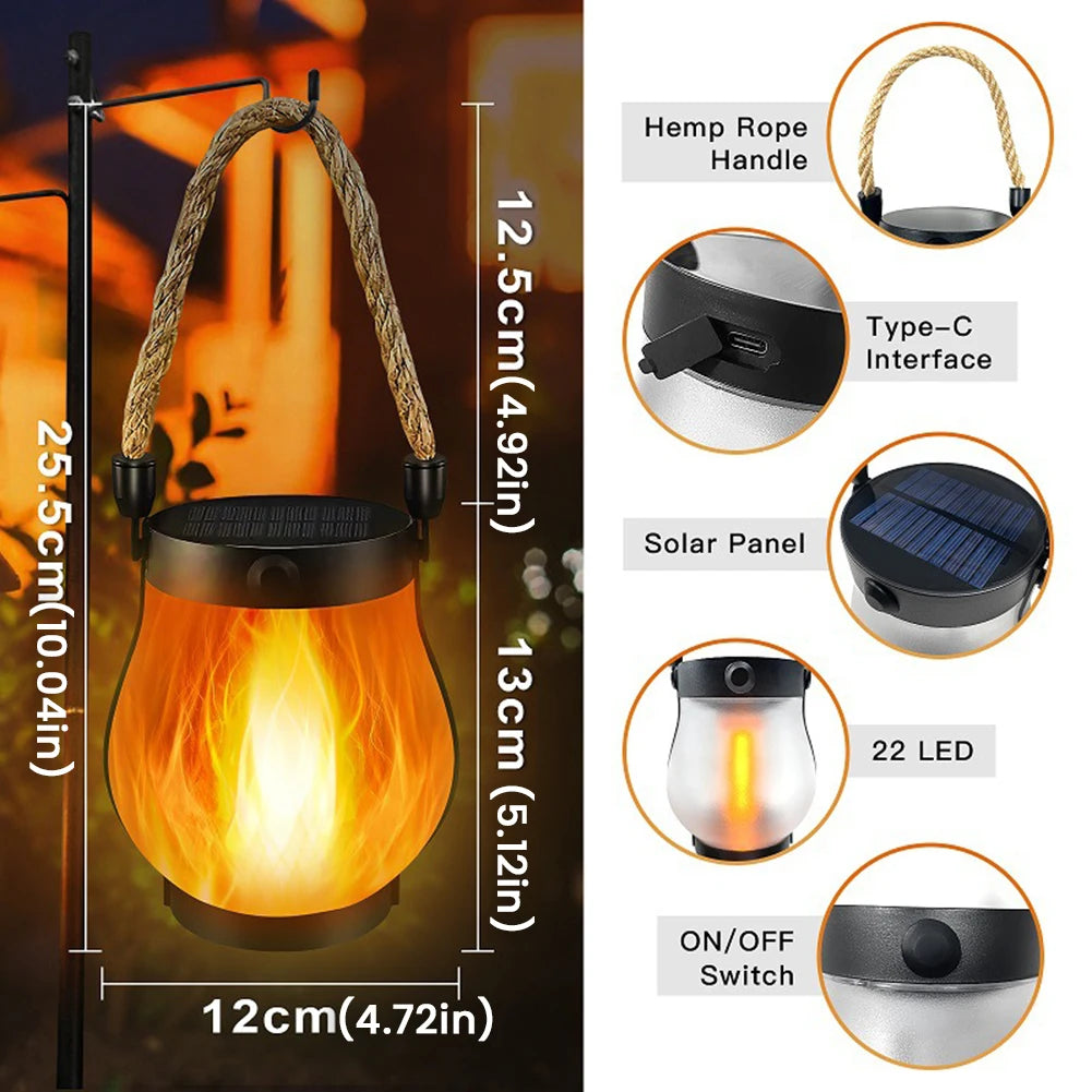 1-2 Set Solar Flame Flickering Camping Light with Rope Handle Garden Decoration Outdoor Lawn Path Yard Patio Hanging Lamp