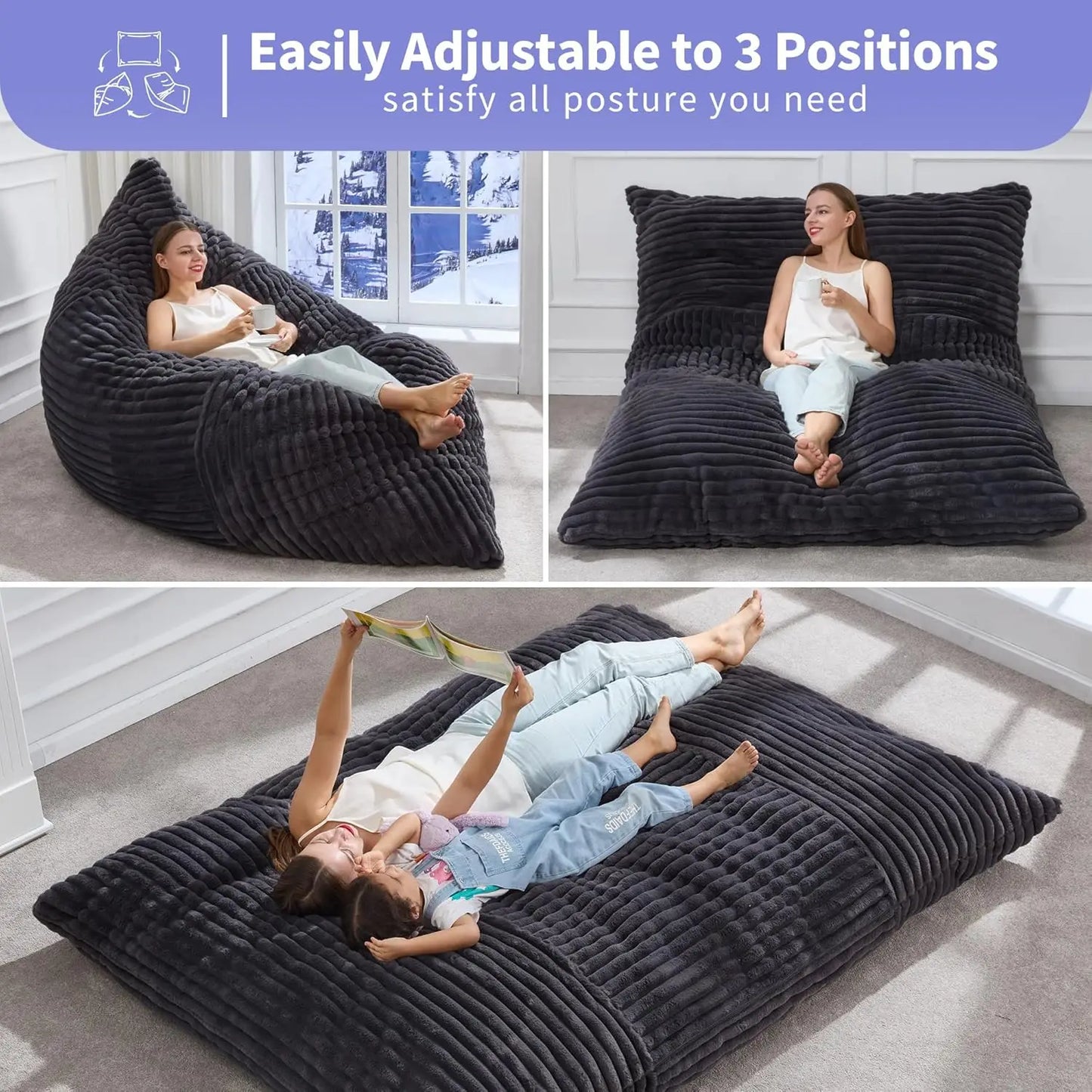 3 in 1 Bean Bag Chair Giant Bean Bag Chairs Convertible Bean Bag Floor Cushion with Machine Washable Cover, Beanbag Chairs