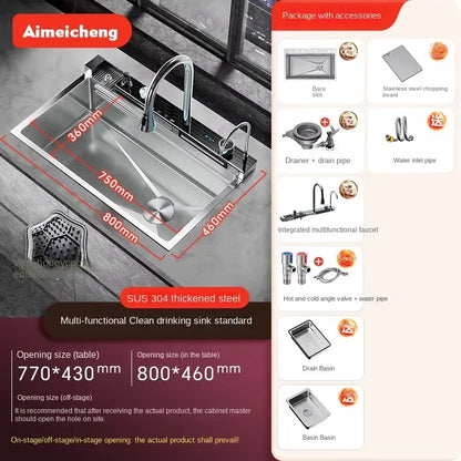 Digital fly rain waterfall sink embossed nano 304 stainless steel large single sink kitchen black washbasin