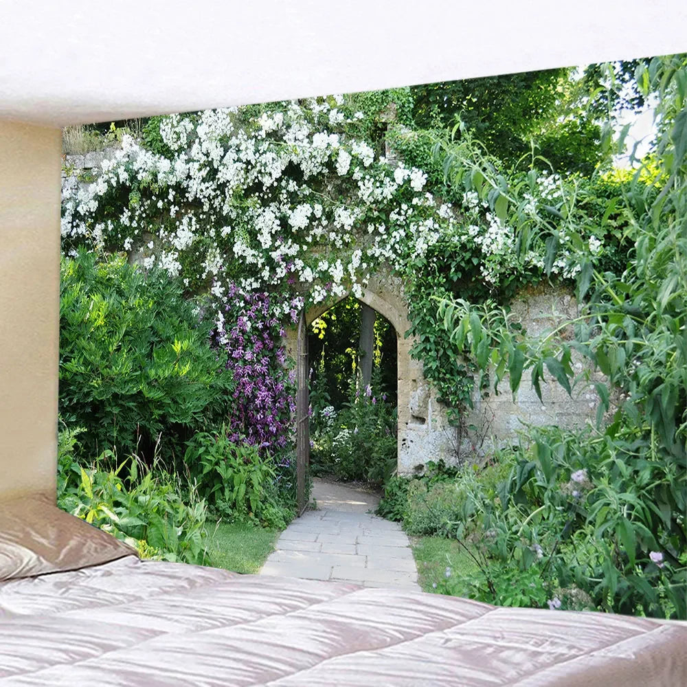 Spring Flowers Wood Fence Tapestry Nature Pink Rose Plants Floral Wall Hanging Garden Window Natural Scenery Cloth Home Decor