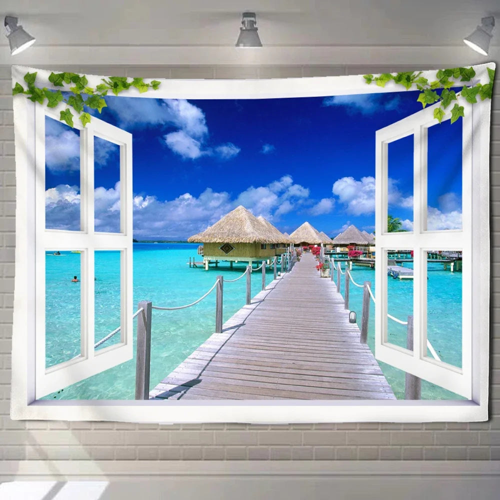 Natural ecological beach landscape imitation window art tapestry background wall room aesthetic living room home decoration
