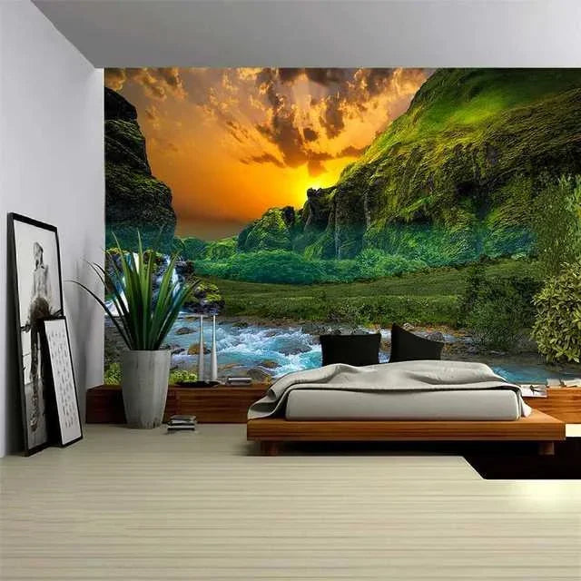 Natural Scenery Tapestry Mountain Forest Plant Waterfall Landscape Tapestry Art Wall Hanging Decor for Bedroom Living Room Dorm