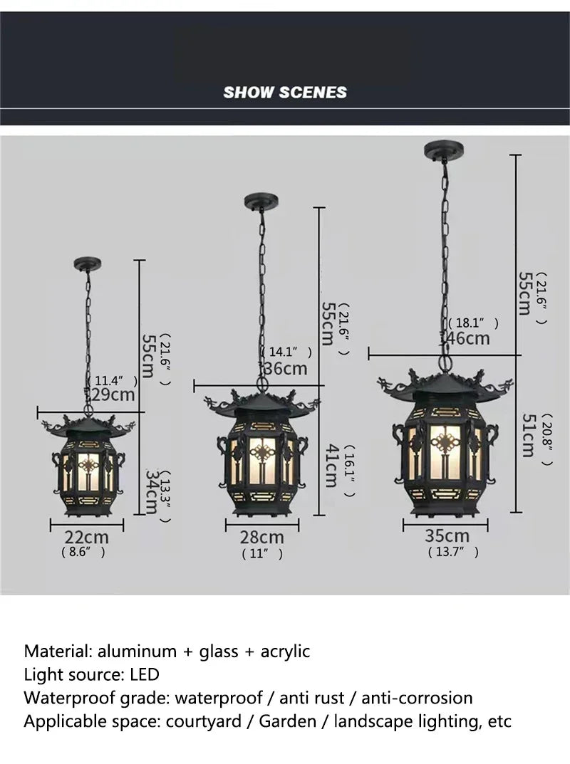 ANITA Chinese Lantern Pendant Lamps Outdoor Waterproof LED Black Retro Chandelier for Home Hotel Corridor Decor Electricity