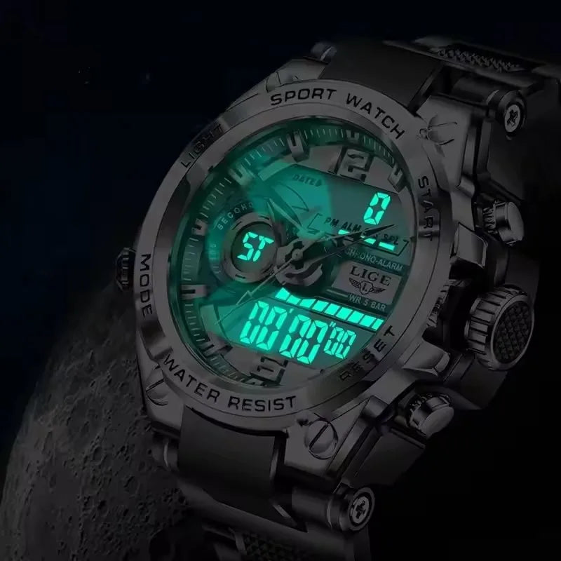LIGE Men Military Digital Watch 50m Waterproof LED Quartz