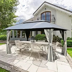 Domi 10'x14' Gazebo with Double Roof Soft Top, Patio Gazebo Canopy Tent Metal Frame for Deck Backyard Garden Lawns Khaki