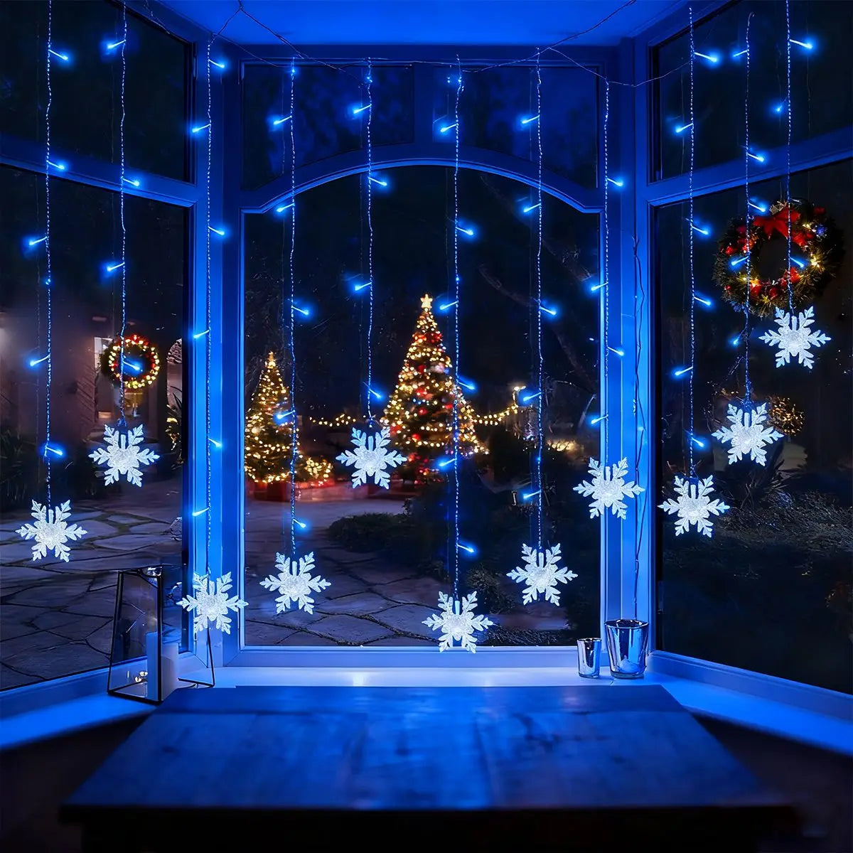1pc 96 LED Solar Powered Snowflakes Curtain Lights Christmas Snowflakes Waterproof Lights For Christmas Party Wedding Decoration