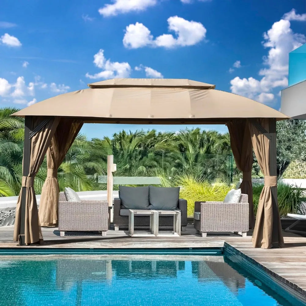 Domi 10'x14' Gazebo with Double Roof Soft Top, Patio Gazebo Canopy Tent Metal Frame for Deck Backyard Garden Lawns Khaki