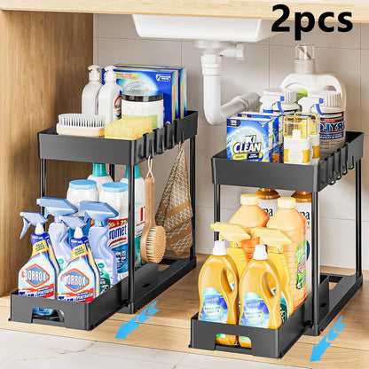 Under Sink Pull Out Storage Rack Double Tier Shelving Unit