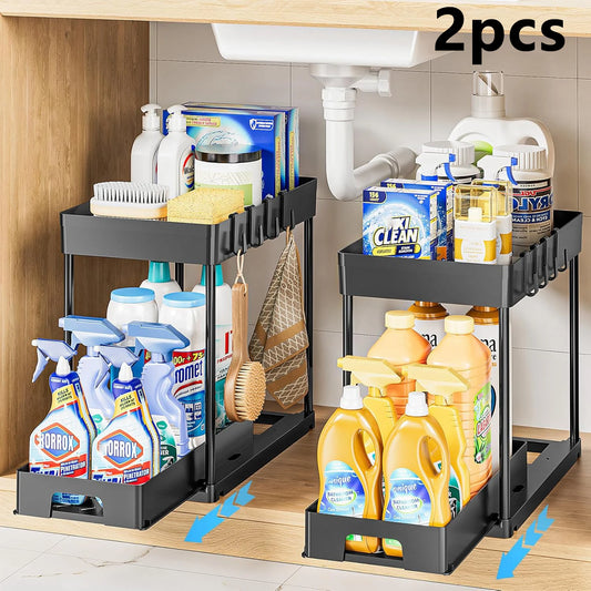 Under Sink Pull Out Storage Rack Double Tier Shelving Unit