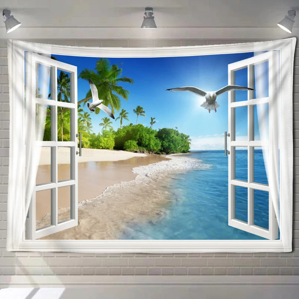 Natural ecological beach landscape imitation window art tapestry background wall room aesthetic living room home decoration