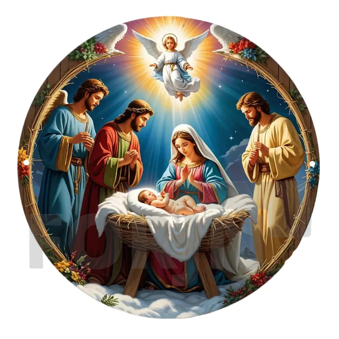 2D "Nativity" Christmas Themed Art Wreath Round Metal Sign,Home,room,Cafe, Farmhouse Office Wall Decor,Jesus Enthusiasts's Gift