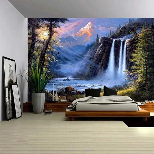 Natural Scenery Tapestry Mountain Forest Plant Waterfall Landscape Tapestry Art Wall Hanging Decor for Bedroom Living Room Dorm