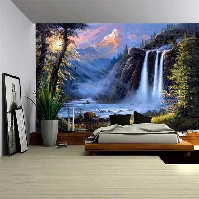 Natural Scenery Tapestry Mountain Forest Plant Waterfall Landscape Tapestry Art Wall Hanging Decor for Bedroom Living Room Dorm