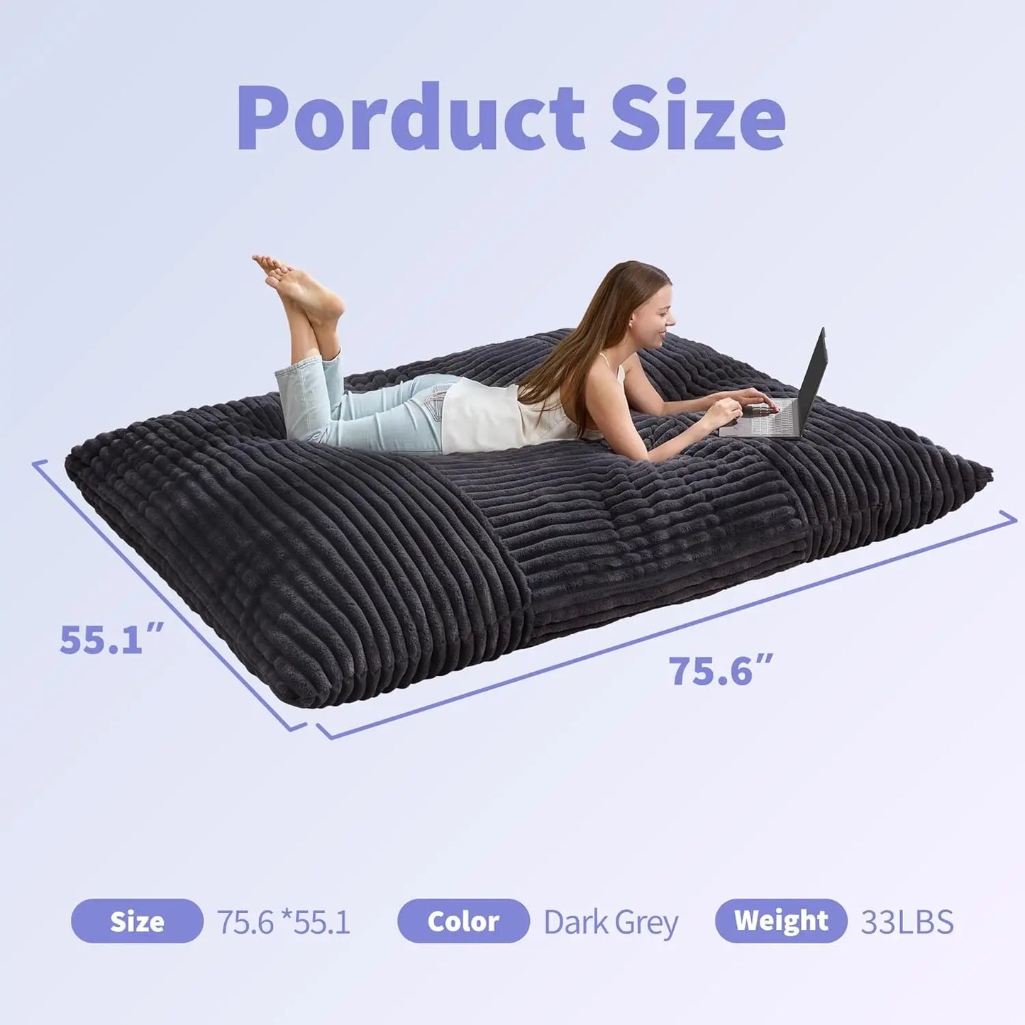 3 in 1 Bean Bag Chair Giant Bean Bag Chairs Convertible Bean Bag Floor Cushion with Machine Washable Cover, Beanbag Chairs