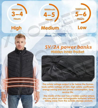 28/9 Areas Heated Vest Jacket Electric Usb Jacket Thermal Vest Body Warmer Coat