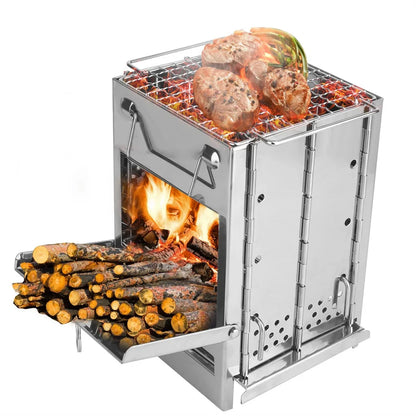 Foldable Wood Burning Stove And Grill Stainless Steel Camp Stove