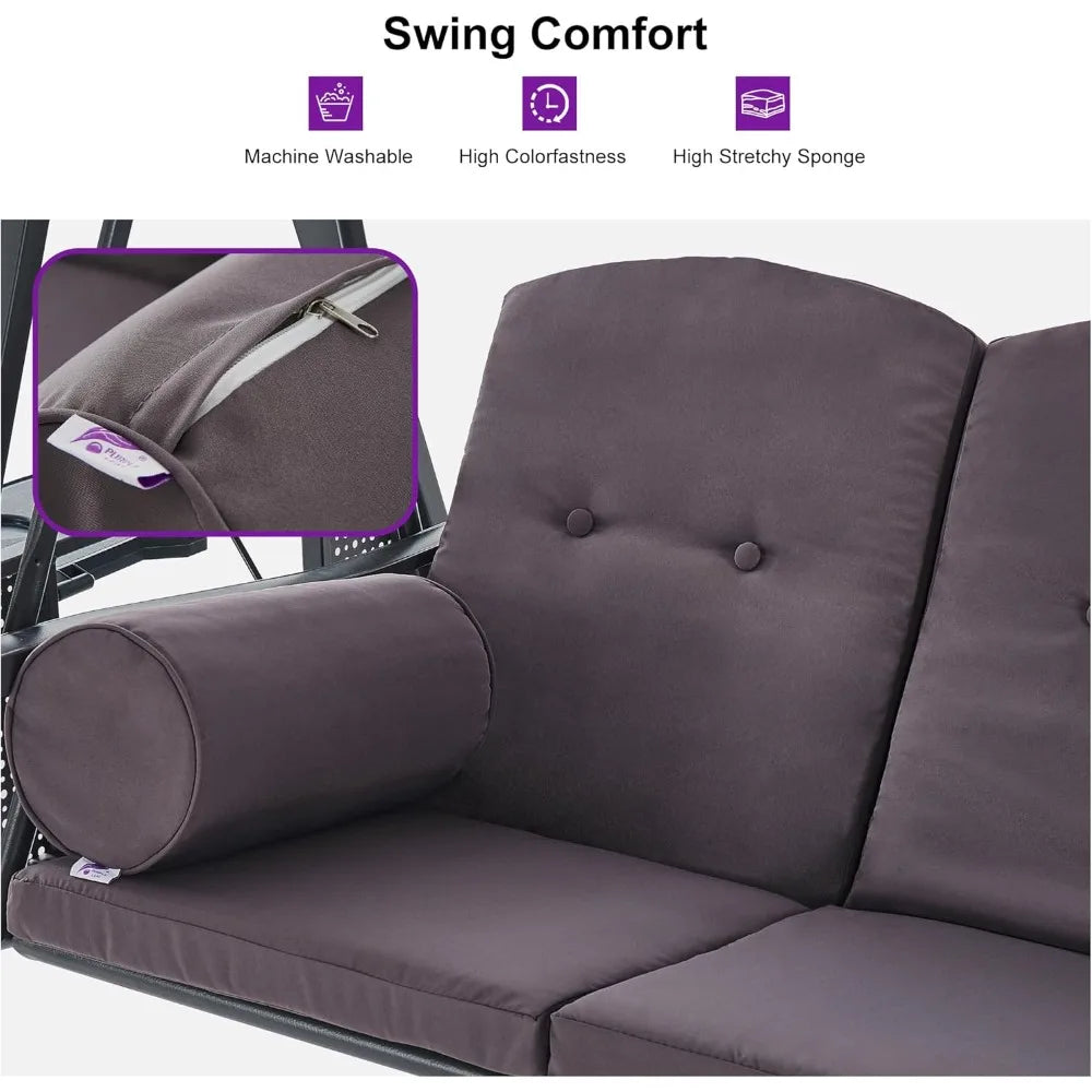 Outdoor Patio Porch Swing with Adjustable PVC Canopy, 3-seat Swing Chair Bench with Side Cup Holder for Backyard Front Porch La