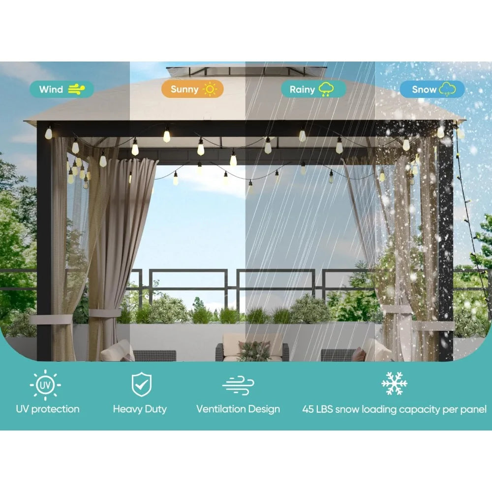 Outdoor Patio Gazebo 10x10, Heavy Duty Gazebos, Soft Top Gazebo with Square Metal Frame, Double Roof Canopy, Mosquito Nets & Pri