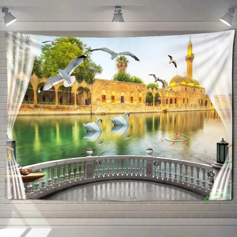 Natural ecological beach landscape imitation window art tapestry background wall room aesthetic living room home decoration