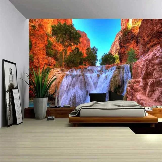 Natural Scenery Tapestry Mountain Forest Plant Waterfall Landscape Tapestry Art Wall Hanging Decor for Bedroom Living Room Dorm