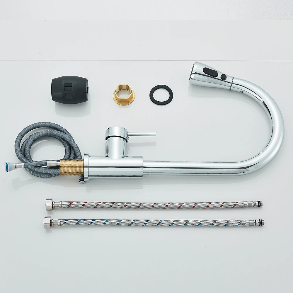 Chrome Kitchen Faucet Deck Mounted Pull Out Spout Kitchen Sink Mixer Tap Single Level Stream Sprayer Nozzle Mixer Tap