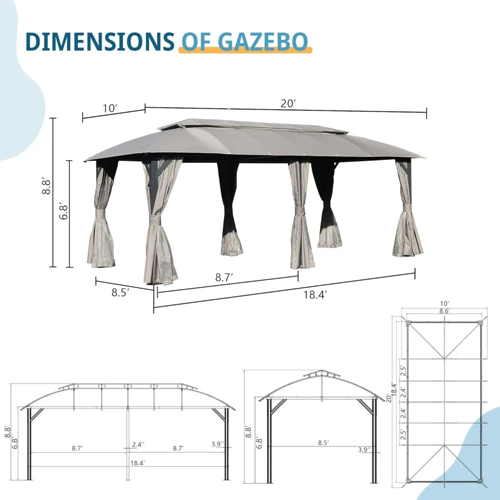 Domi Gazebo 10x20FT, Outdoor Gazebo with Double Roofs, Privacy Curtains, Mosquito Nettings, Heavy Duty Metal Frame Party Tent Ca