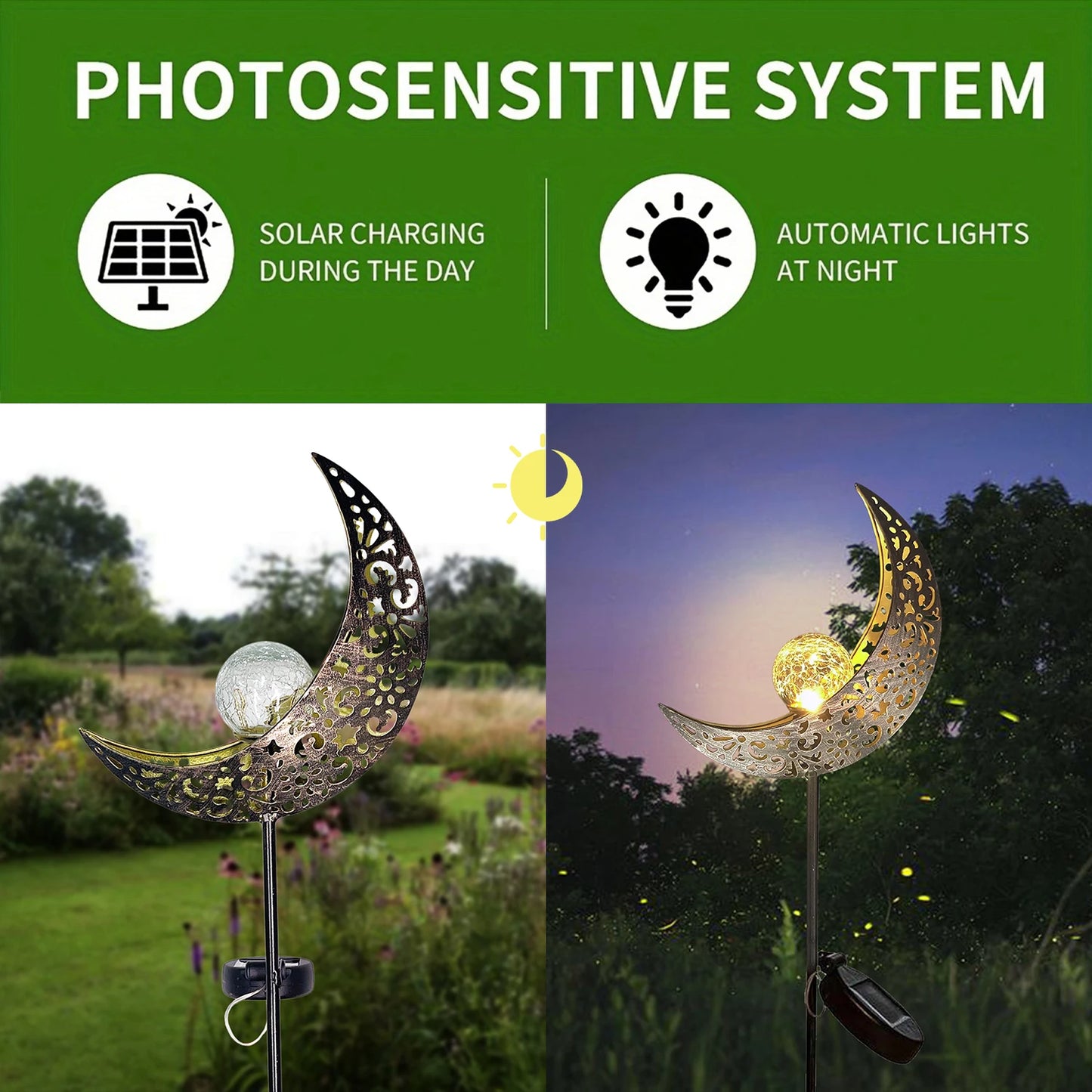 Solar Garden Lights Outdoor Decor,Moon Fairy Crackle Glass Lights,Warm White LED Metal Stake Ornament,Unique Gift for Gardening