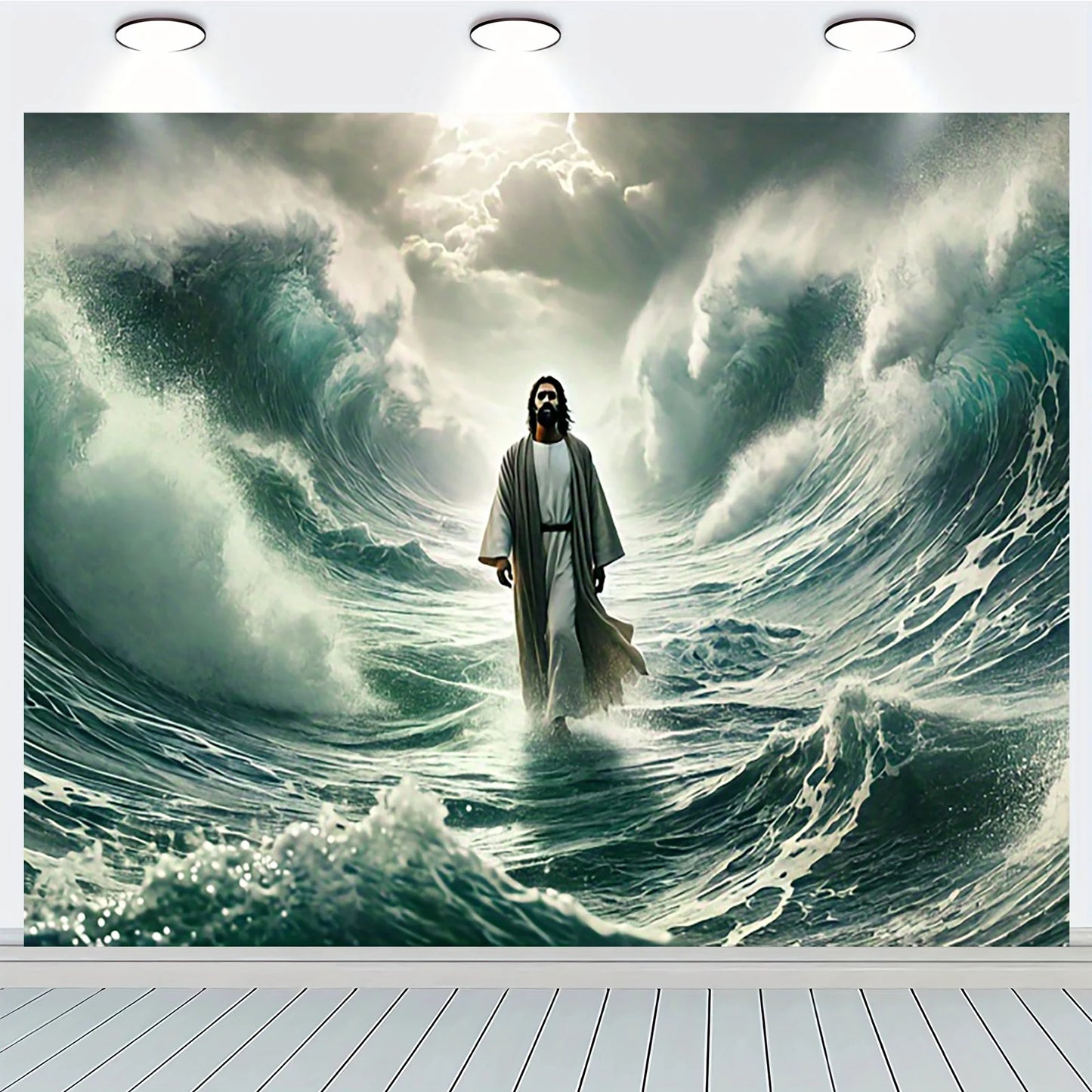 Jesus walks against the background of water, polyester religious theme wall covering, spiritual and dramatic scenes tapestry