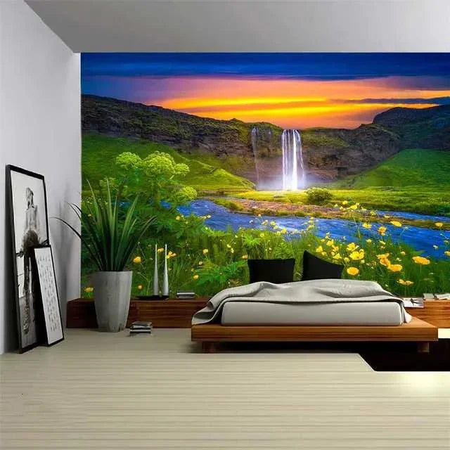 Natural Scenery Tapestry Mountain Forest Plant Waterfall Landscape Tapestry Art Wall Hanging Decor for Bedroom Living Room Dorm