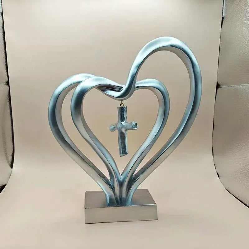 Hearts Cross Sculpture Love And Faith Decor Modern Minimalist Religious Tabletop Accent For Home Or Office Desk Decoration Gifts