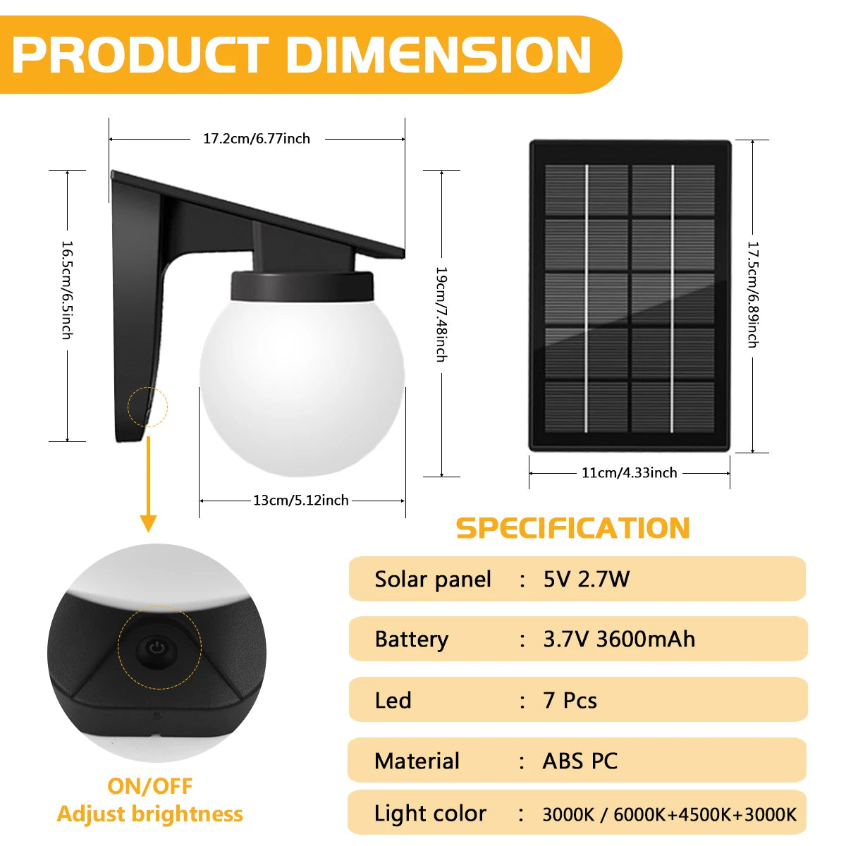 Solar Wall Lights Outdoor Adjustable Brightness Color IP65 Waterproof Solar Bulb Light for Garden Yard Gate and Pathway Lighting