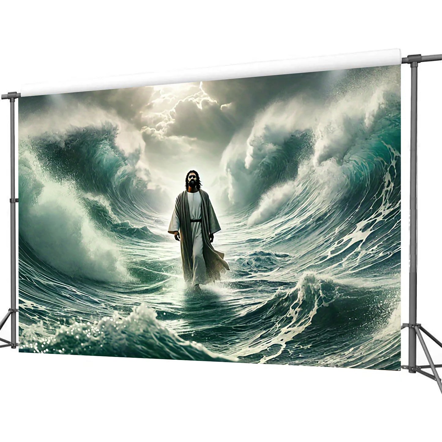 Jesus walks against the background of water, polyester religious theme wall covering, spiritual and dramatic scenes tapestry