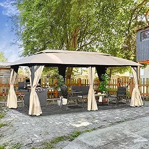 Domi Gazebo 10x20FT, Outdoor Gazebo with Double Roofs, Privacy Curtains, Mosquito Nettings, Heavy Duty Metal Frame Party Tent Ca