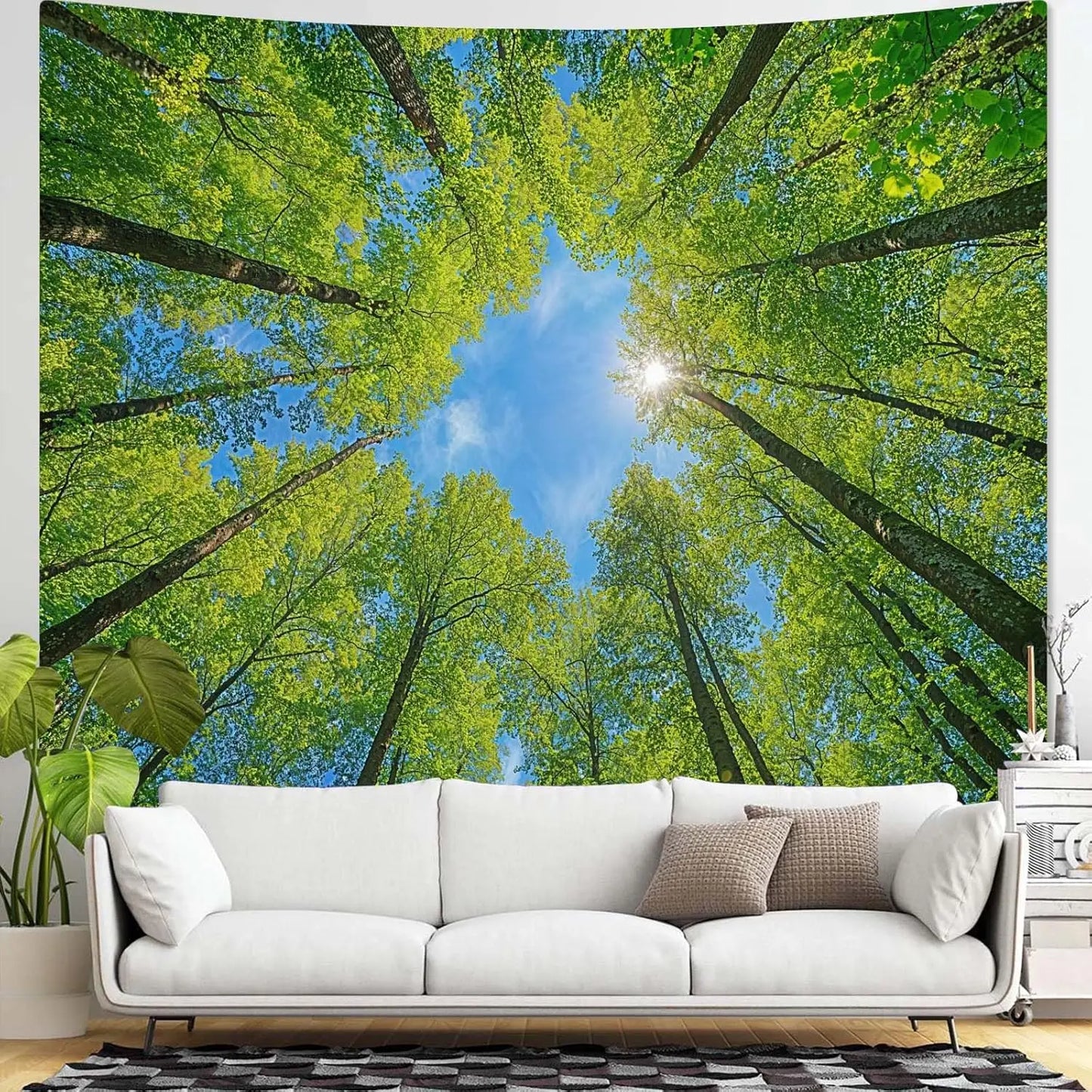 Nature Forest Tree Celling Tapestry Lush Green Treetops Sunlit Tapestry for Bedroom Aesthetic Sunlight Canopy Leaves Landscape