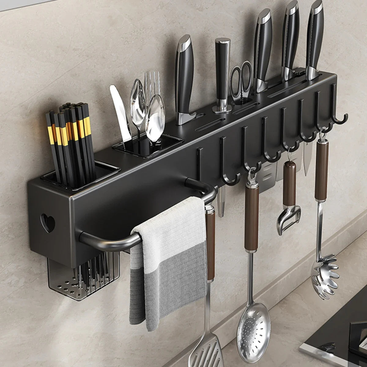 Wall Mounted Kitchen Knife Pot Cover Storage Rack Chopstick Organizer