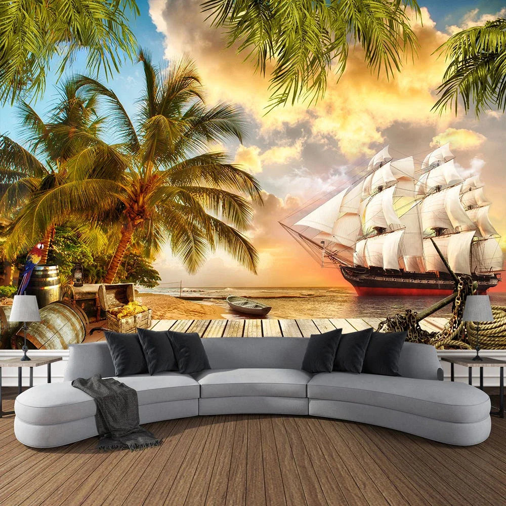 Mountain Cave Landscape Tapestry Ocean Birds Coconut Tree Sailing Beach Nature Scenery Tapestries Home Garden Dorm Bedroom Decor