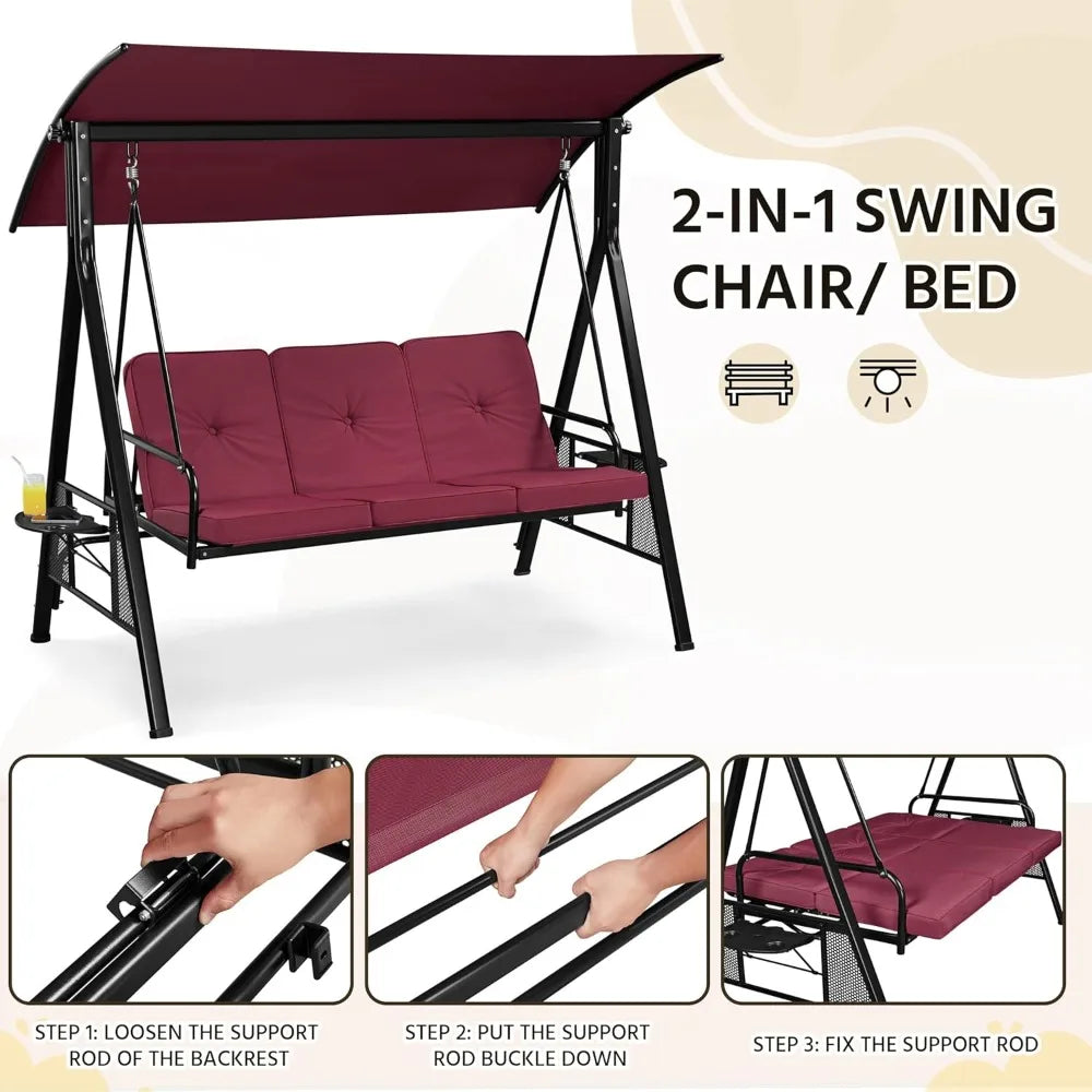 3-Seat Outdoor Patio Swing Chair, Deluxe Outdoor Patio Porch Swing with Weather Resistant Steel Frame, Adjustable Tilt Canopy f