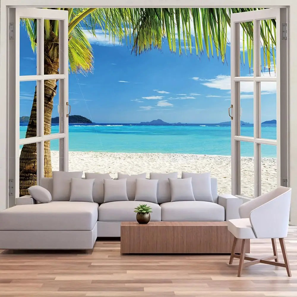 Tropical Beach Tapestry Ocean Waves Palm Tree Scenery 3D Window View Summer Paradise Landscape Wall Art for Living Room Decor