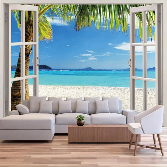 Tropical Beach Tapestry Ocean Waves Palm Tree Scenery 3D Window View Summer Paradise Landscape Wall Art for Living Room Decor