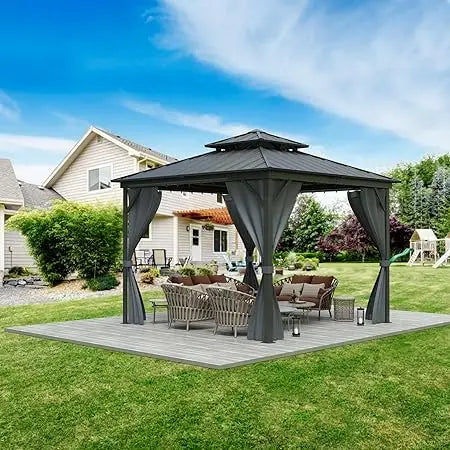 Outdoor Metal Pavilion with Galvanized Steel and Aluminum Frame, Double Roof Canopy and Netting