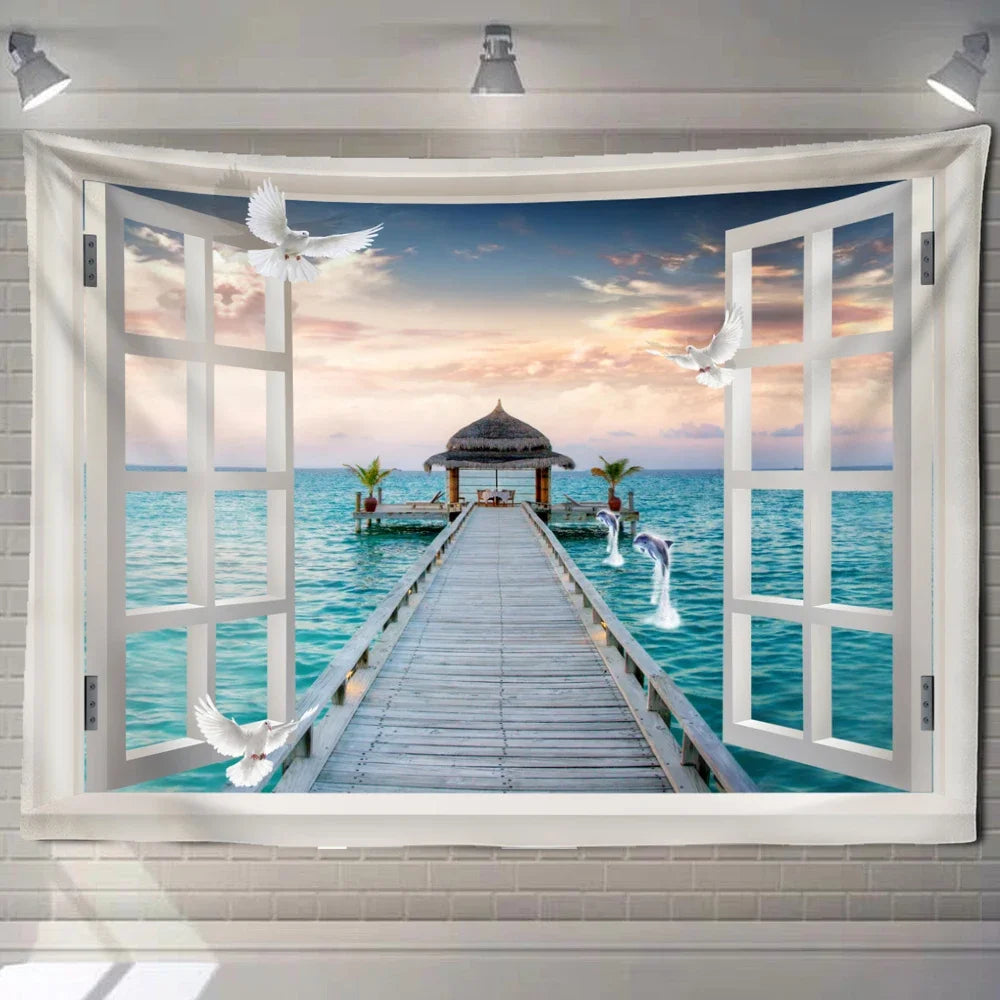 Natural ecological beach landscape imitation window art tapestry background wall room aesthetic living room home decoration
