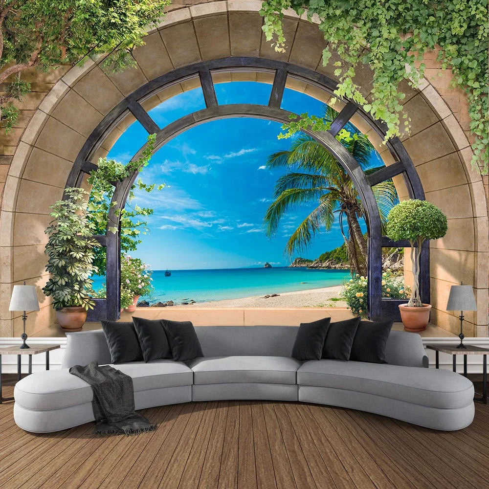 Mountain Cave Landscape Tapestry Ocean Birds Coconut Tree Sailing Beach Nature Scenery Tapestries Home Garden Dorm Bedroom Decor