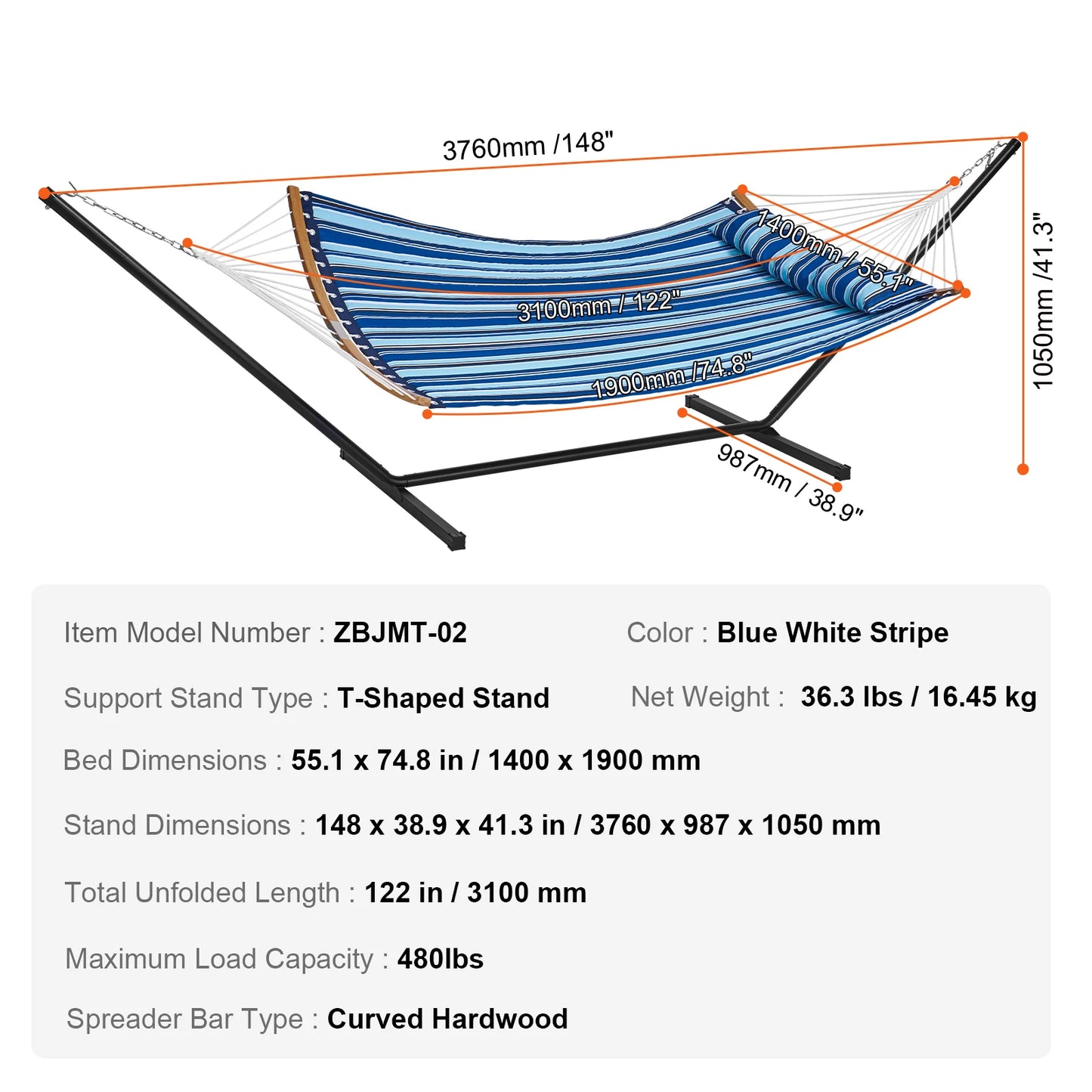 SucceBuy Two Person Hammock With Curved Spreader Bar And Stand