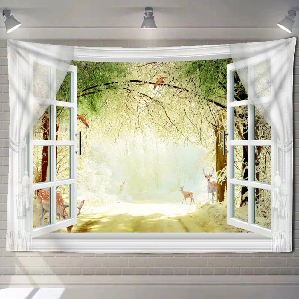 Natural ecological beach landscape imitation window art tapestry background wall room aesthetic living room home decoration