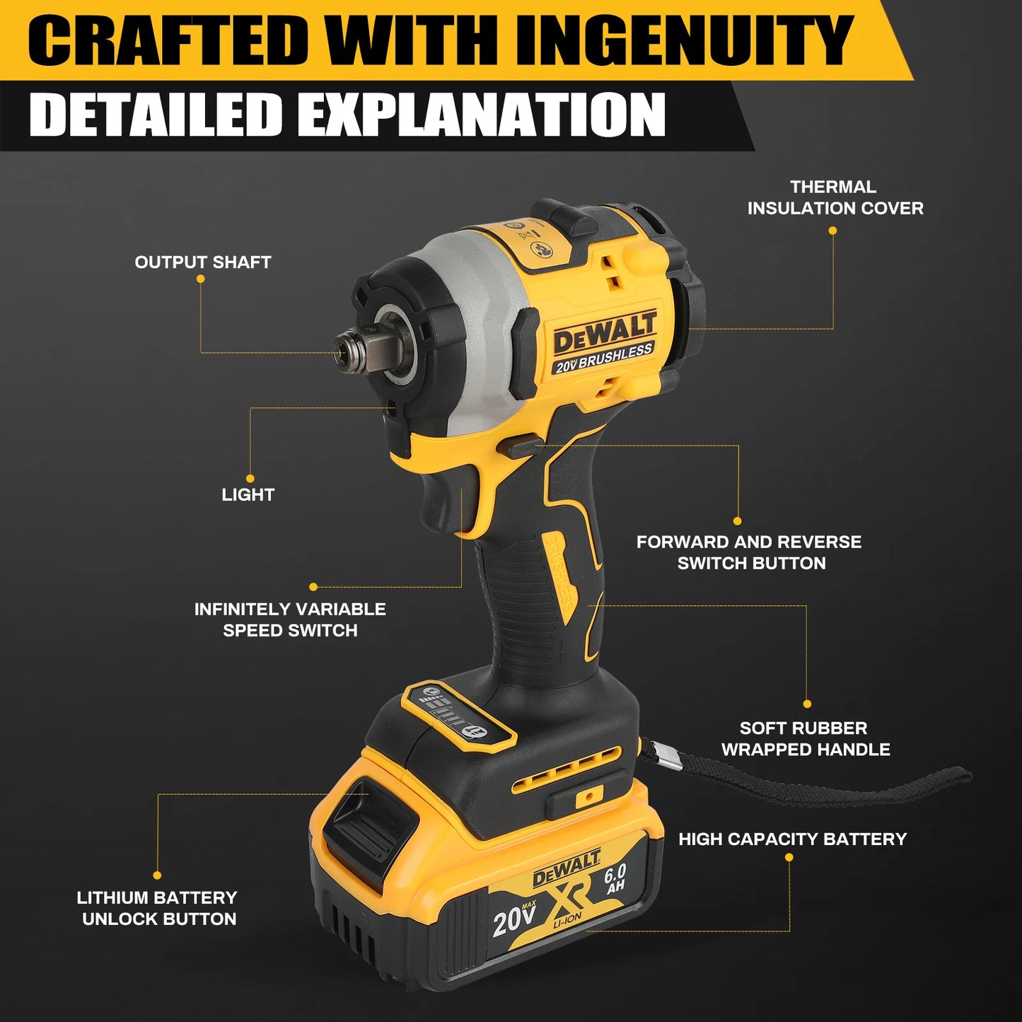 DeWalt DCF850 - 20V Lithium - Ion Cordless Impact Wrench - High Torque, Rechargeable Power Tool for Pros & DIYers