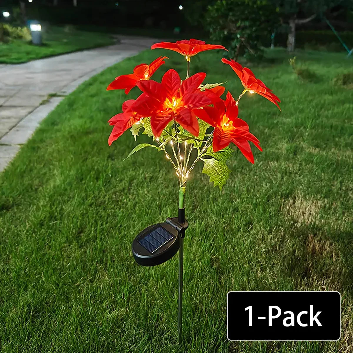 LED solar Christmas flower poinsettia artificial flower light, suitable for decorating Christmas gardens, lawns, and courtyards