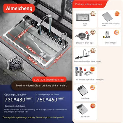 Digital fly rain waterfall sink embossed nano 304 stainless steel large single sink kitchen black washbasin